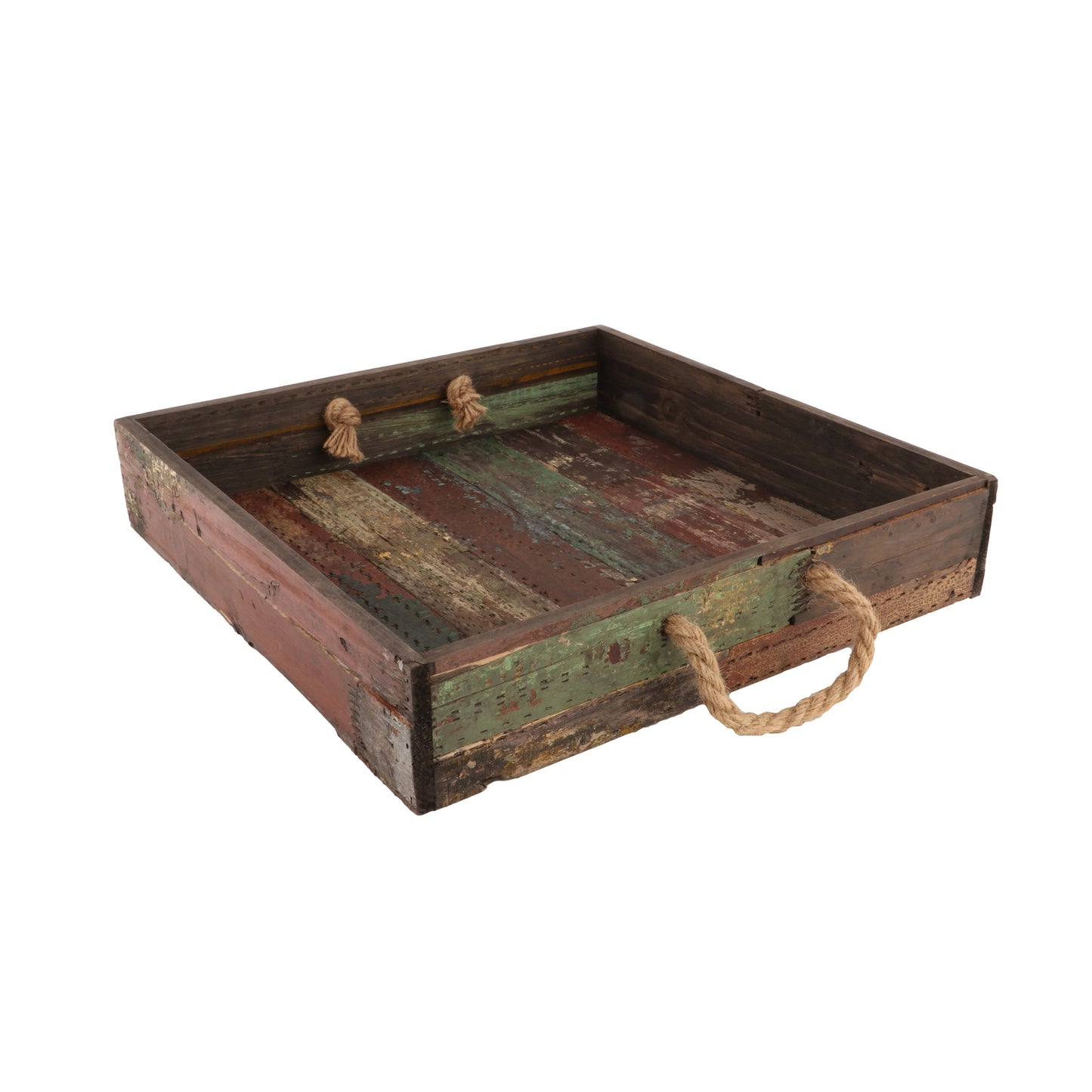 15.5" Square Reclaimed Wood Serving Tray with Rope Handles, 3.25" tall