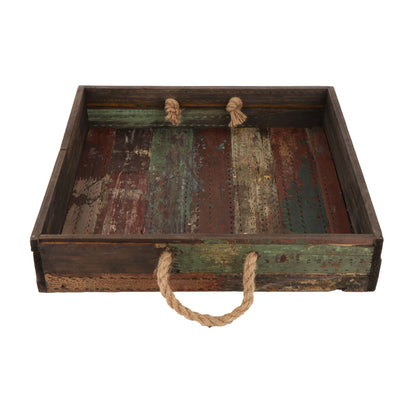 15.5" Square Reclaimed Wood Serving Tray with Rope Handles, 3.25" tall