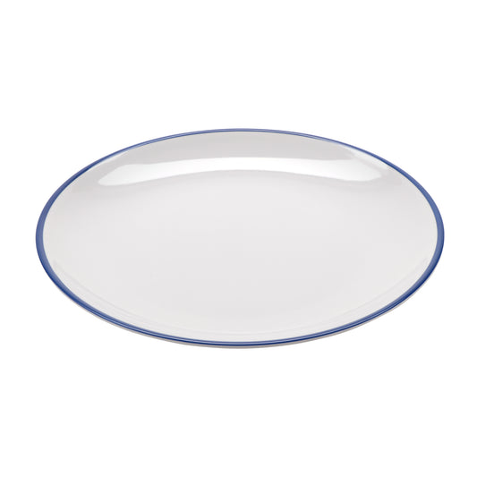 11" White with Blue Trim, Enamelware Melamine Round Dinner Plate, G.E.T. Settlement Bistro (12 Pack)