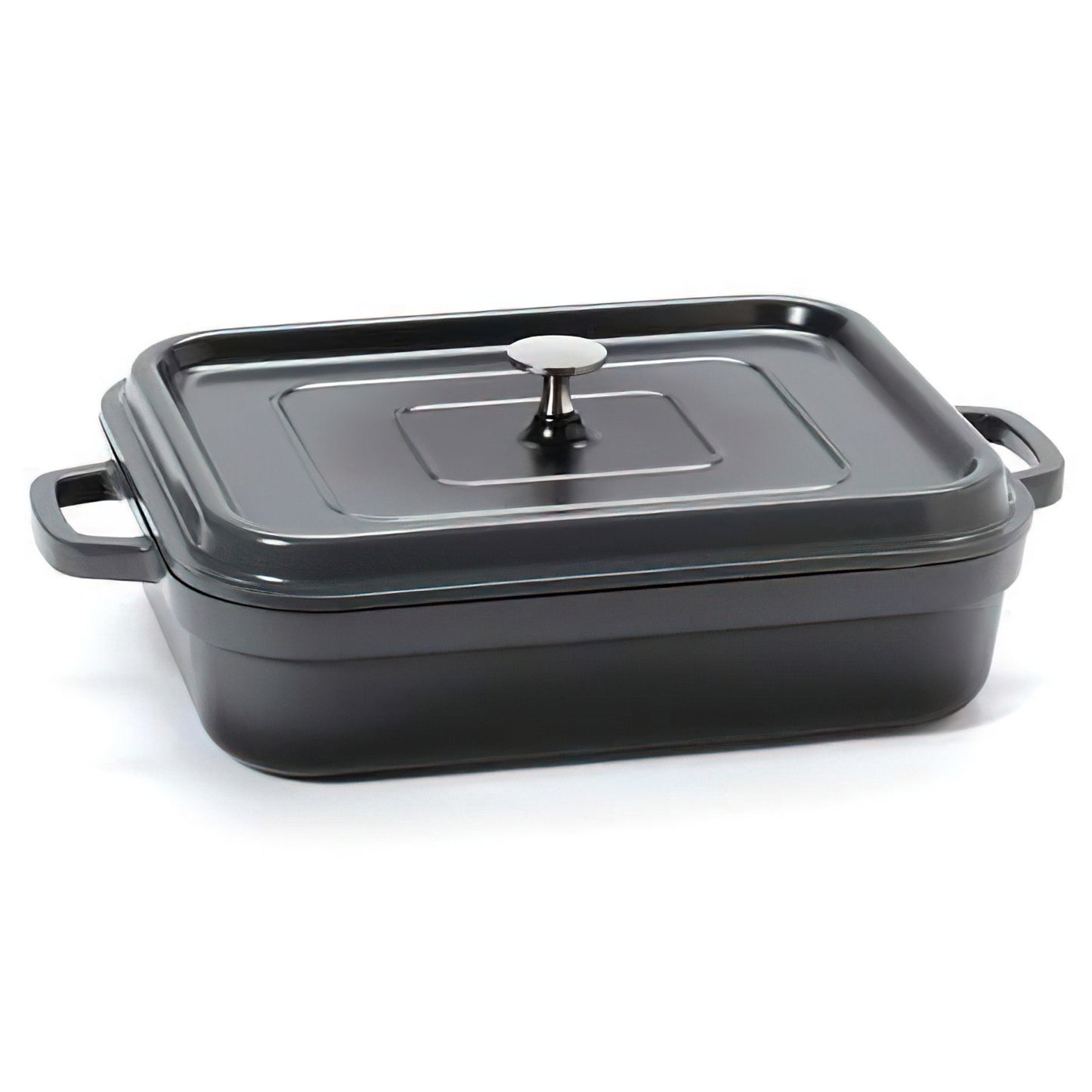 7.5 qt. Cast Aluminum, Grey with Clear Coat and Black Interior, Induction Ready Rectangular Roaster with Lid, (8 qt. rim-full), 15.03" x 10.34", (18" Max Length with Handles), 5.86" Tall with Lid, 3.8" Deep, G.E.T. Heiss