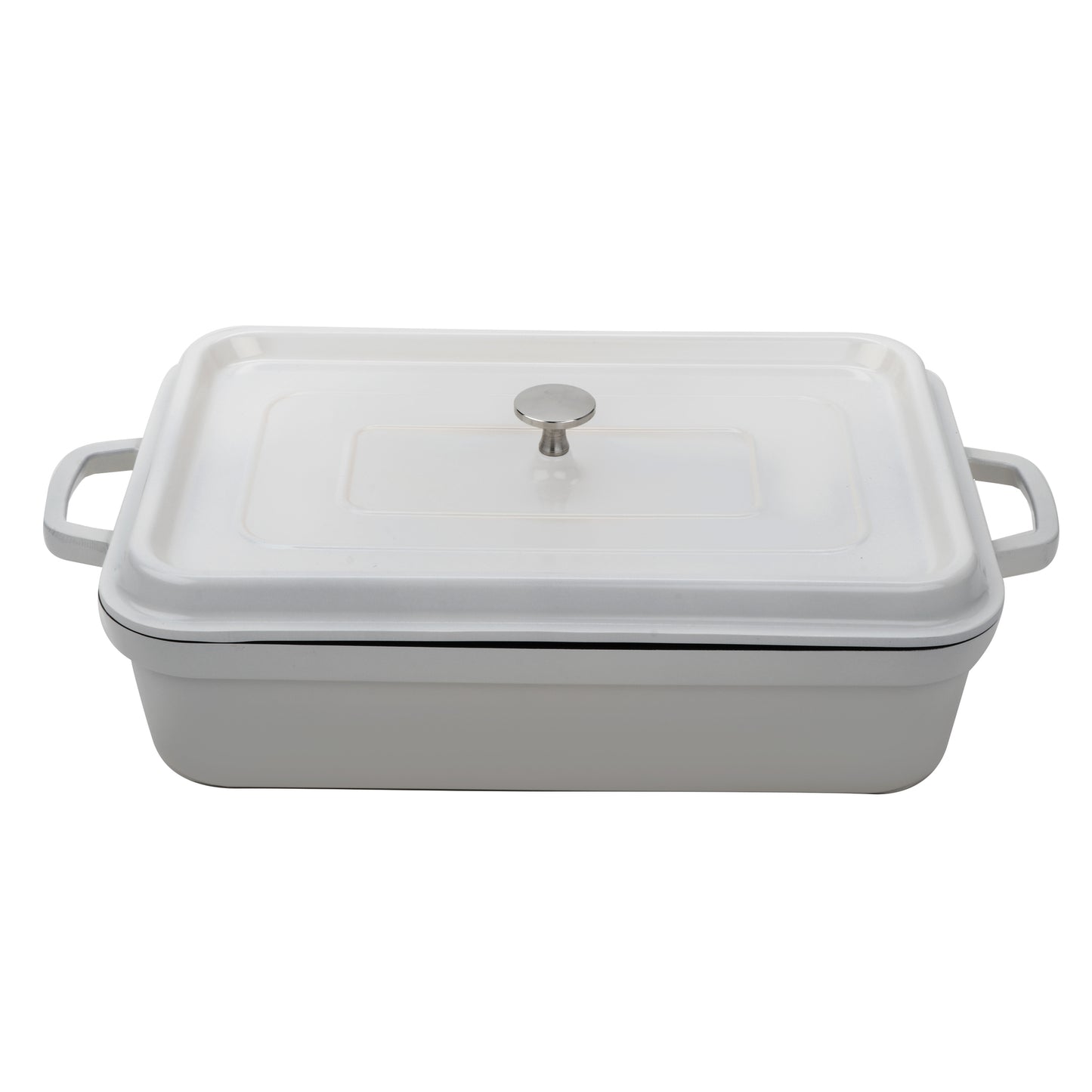 7.5 qt. Cast Aluminum, Antique White with Clear Coat and Black Interior, Induction Ready Rectangular Roaster with Lid, (8 qt. rim-full), 15.03" x 10.34", (18" Max Length with Handles), 5.86" Tall with Lid, 3.8" Deep, G.E.T. Heiss