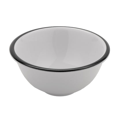 3 oz. White with Black Trim, Enamelware Melamine Small Round Side Dish Bowl, 4 oz. rim-full, 3.75" dia., 1.5" deep, G.E.T. Settlement Bistro (12 Pack)