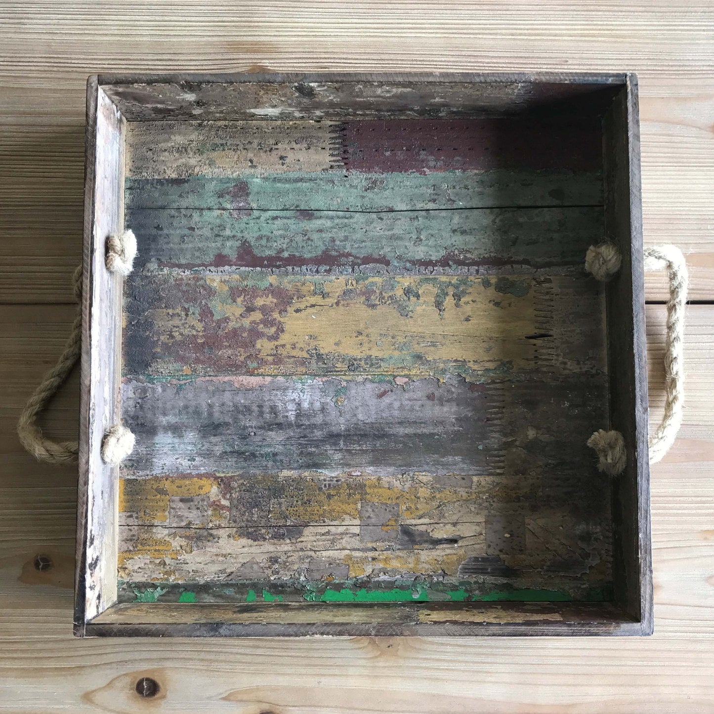 15.5" Square Reclaimed Wood Serving Tray with Rope Handles, 3.25" tall