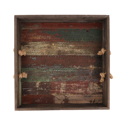 15.5" Square Reclaimed Wood Serving Tray with Rope Handles, 3.25" tall