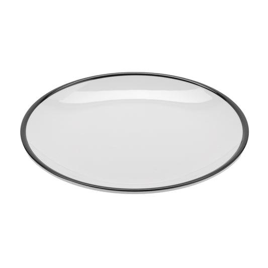 9" White with Black Trim, Enamelware Melamine Small Round Dinner Plate, G.E.T. Settlement Bistro (12 Pack)