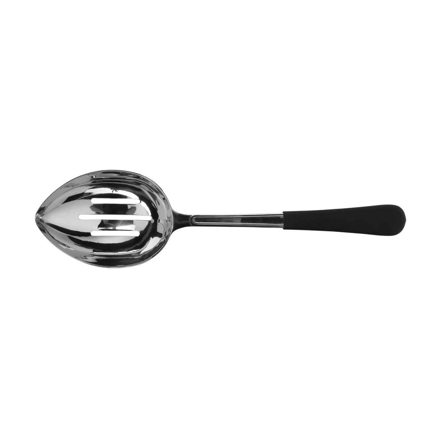 13.5" portion control slotted bowl spoon WITH TEXTURED BLACK PLASTIC DIPPED HANDLE. 6.. oz ,  96@ per master carton, 6@ per inner carton