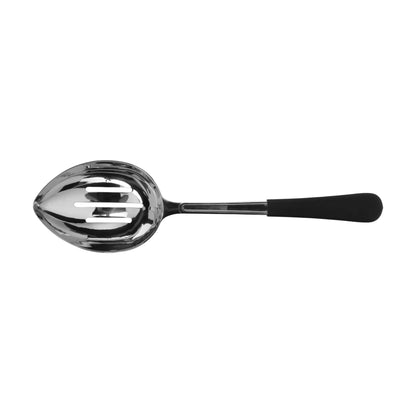 13.5" portion control slotted bowl spoon WITH TEXTURED BLACK PLASTIC DIPPED HANDLE. 6.. oz ,  96@ per master carton, 6@ per inner carton