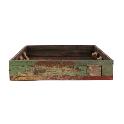 15.5" Square Reclaimed Wood Serving Tray with Rope Handles, 3.25" tall