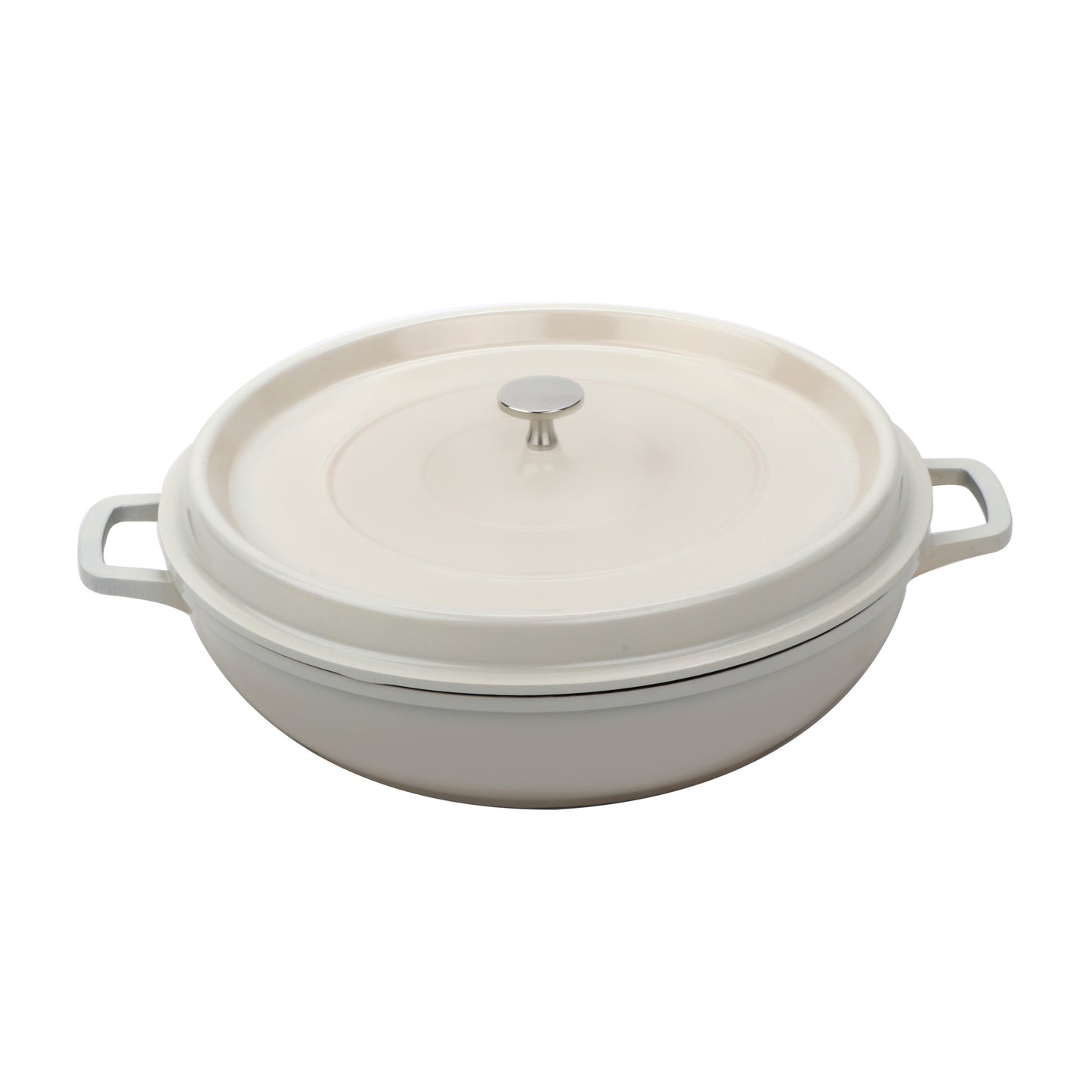 4.5 qt. Cast Aluminum, Antique White with Clear Coat and Black Interior, Induction Ready Round Braiser with Lid, (5 qt. rim-full), 12.63" Top Dia., 2.88" Deep, G.E.T. Heiss