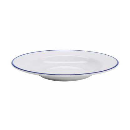 10 oz. White with Blue Trim, Enamelware Melamine Small Salad, Pasta, Soup Bowl, 20 oz. rim-full, 9" dia., G.E.T. Settlement Bistro (12 Pack)