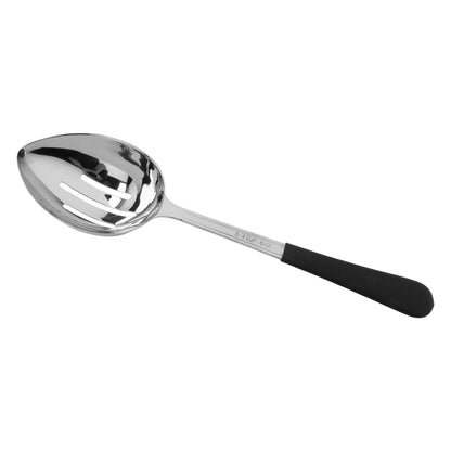 13.5" portion control slotted bowl spoon WITH TEXTURED BLACK PLASTIC DIPPED HANDLE. 6.. oz ,  96@ per master carton, 6@ per inner carton