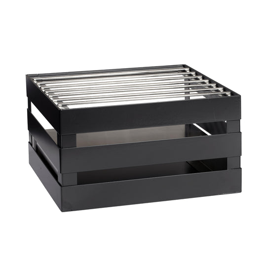 Half Size Metal Crate Frame, 14.5" x 11.75", 8.25" tall. Includes a Stainless Steel Grill and a Riser for Butane Burner