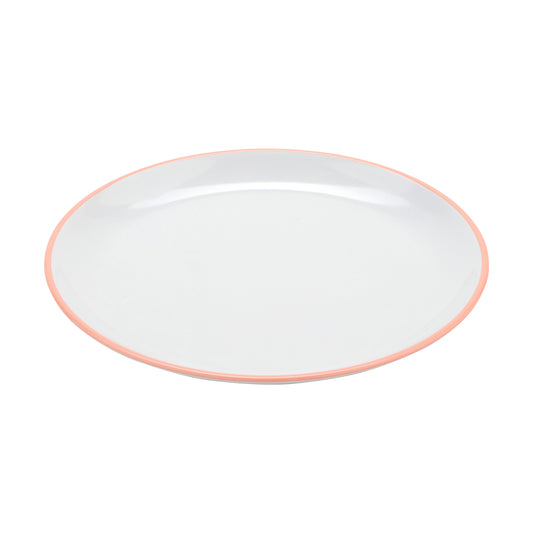 10.5" White Base with Pink Trim, Melamine Round Dinner Plate, G.E.T. Settlement Oasis (12 Pack)