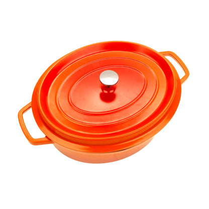 6.5 qt. Cast Aluminum, Orange and Black Interior, Induction Ready Oval Dutch Oven with Lid, (7 qt. rim-full), 12.13" x 9.88", 4.25" Deep, G.E.T. Heiss