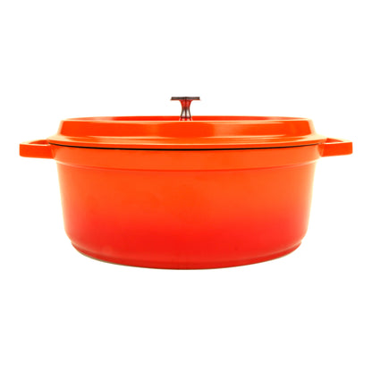 6.5 qt. Cast Aluminum, Orange and Black Interior, Induction Ready Oval Dutch Oven with Lid, (7 qt. rim-full), 12.13" x 9.88", 4.25" Deep, G.E.T. Heiss