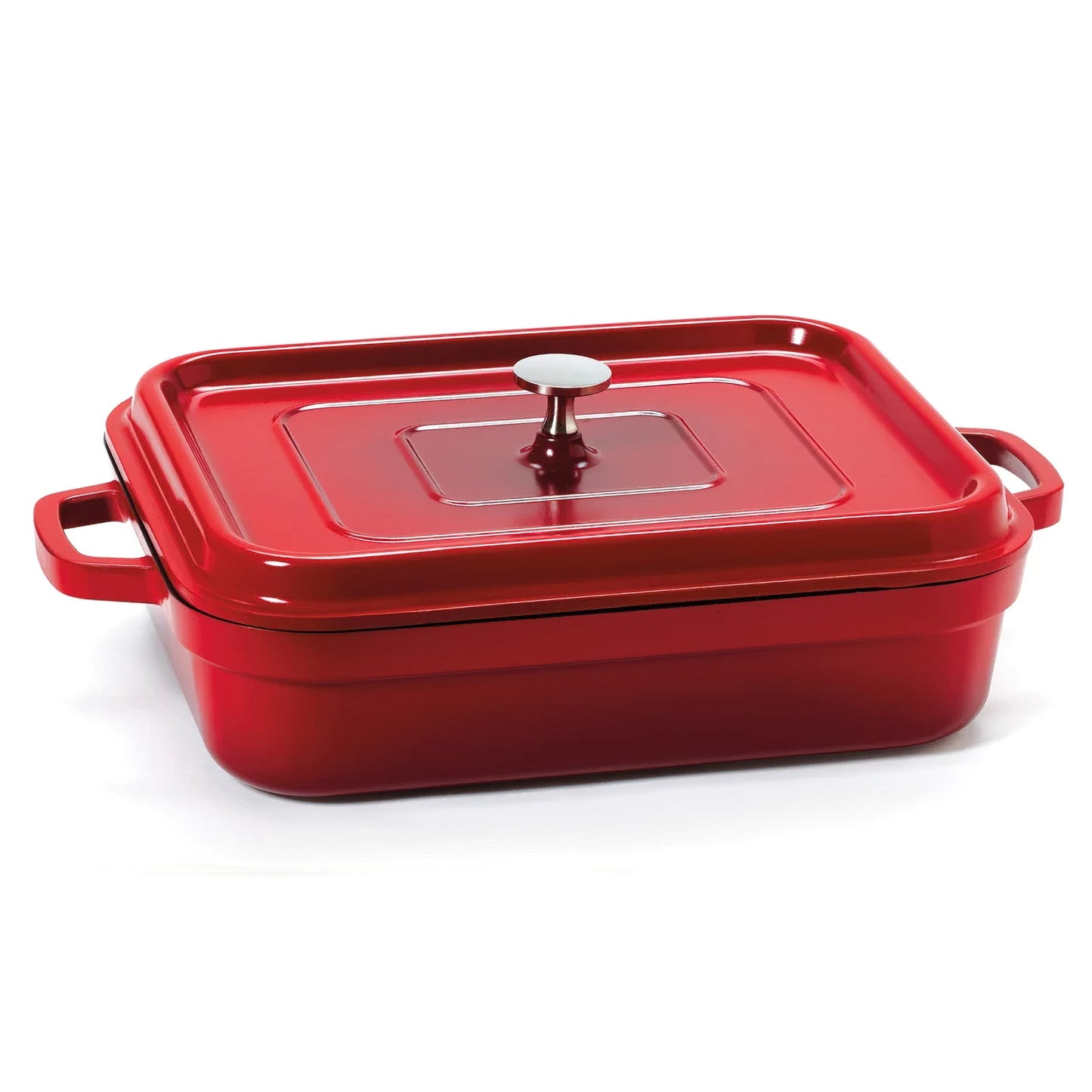 7.5 qt. Cast Aluminum, Red with Clear Coat and Black Interior, Induction Ready Rectangular Roaster with Lid, (8 qt. rim-full), 15.03" x 10.34", (18" Max Length with Handles), 5.86" Tall with Lid, 3.8" Deep, G.E.T. Heiss