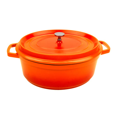 6.5 qt. Cast Aluminum, Orange and Black Interior, Induction Ready Oval Dutch Oven with Lid, (7 qt. rim-full), 12.13" x 9.88", 4.25" Deep, G.E.T. Heiss