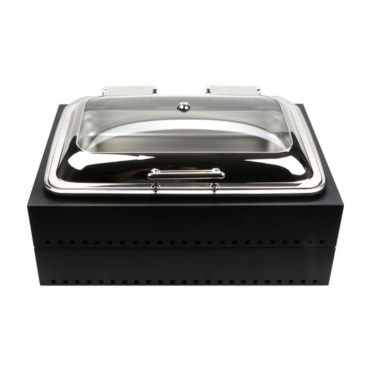 Strata Rectangular Chafing Dish Kit, includes: (1) 8 qt., 23-1/4" x 16-1/2" x 7-5/8", stainless steel insert with a glass clamshell lid and 2 1/2" deep food pan ST11602114, (1) 24-1/2" x 16-1/2" x 5-1/4" 18 gauge powder coated galvanized steel deck unit S