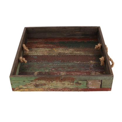 15.5" Square Reclaimed Wood Serving Tray with Rope Handles, 3.25" tall