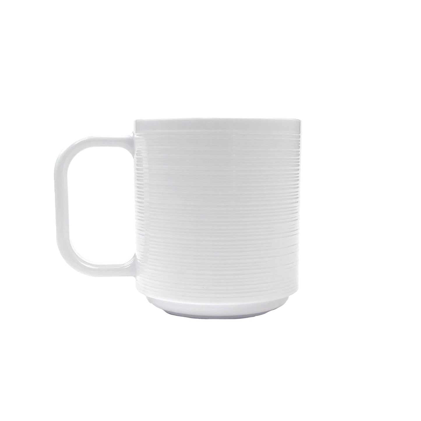 8 oz. Tritan, White, Textured Stackable Coffee Mug with Handle, (10.5 oz. rim-full), 3" Top Dia., (4.4" Top Dia. with Handle), 3.4" Tall, 3.2" Deep, G.E.T. Minski (12 Pack)