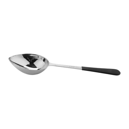 13.5" portion control slotted bowl spoon WITH TEXTURED BLACK PLASTIC DIPPED HANDLE. 6.. oz ,  96@ per master carton, 6@ per inner carton