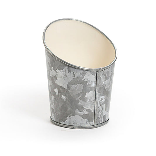 5" Dia. Angled Galvanized French Fry Cup w/ Ivory Powder Coated Interior, 4" tall front, 5.6" tall back